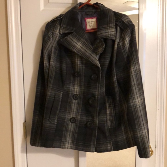 NEW gray / white plaid button up pea coat - Picture 7 of 7